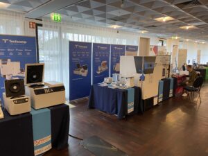 The TCLP booth set up - showing Dynamica centrifuges, Preicsa balances, Froilabo freezer and SCION GC.